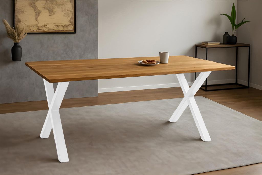 Esstisch Salvador | 220 x 100 cm | Eiche massiv + geölt | Baumkante | X-Gestell Metall Weiß | pflegeleichter Esszimmertisch/Küchentisch/Eichenho...