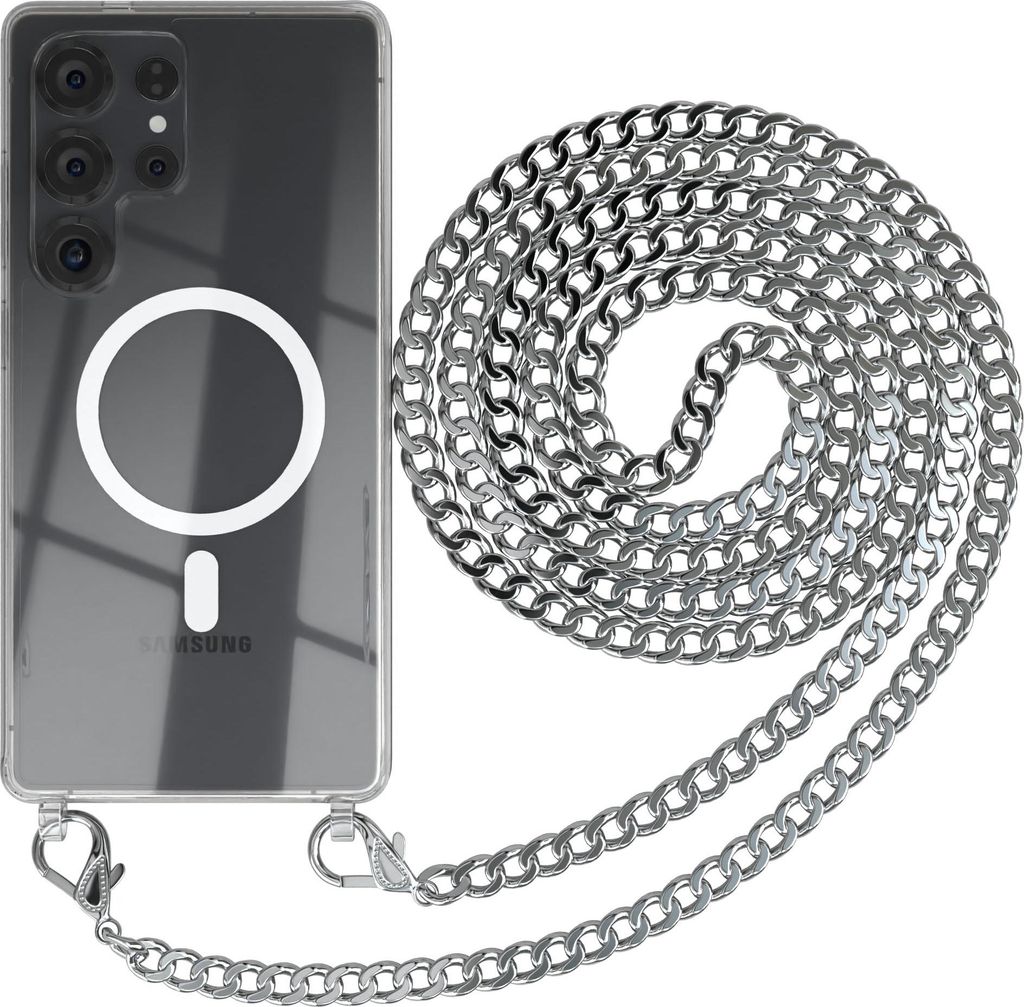 EAZY CASE Handykette kompatibel mit Samsung Galaxy S25 Ultra, Kette zum Umhängen aus Metall, Silikonhülle mit Band, stoßfest, mit MagSafe in Silber