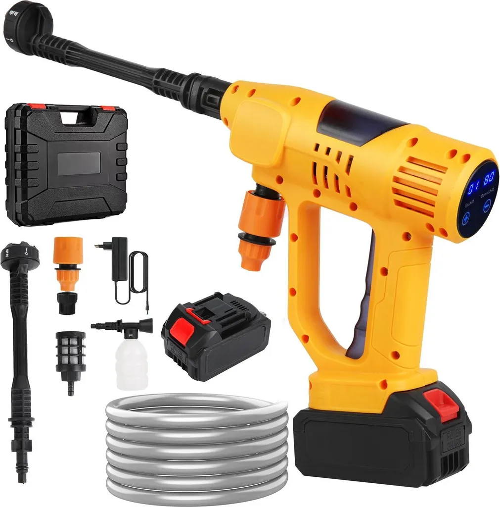 Idropulitrice a batteria - Lavaggio auto - 1 batteria - 20 bar - Ugello 6 in 1 - Regolabile su 10 livelli - Lancia schiumogena - Con tubo flessibile