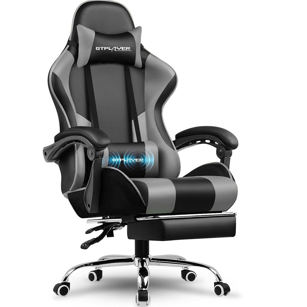 GTPLAYER Gaming Stuhl, Bürostuhl, Ergonomischer Pc Stuhl, Gaming Sessel mit Massagelendenwirbelstütze mit Fußstütze und Kopfstütze, Grau Kunst...