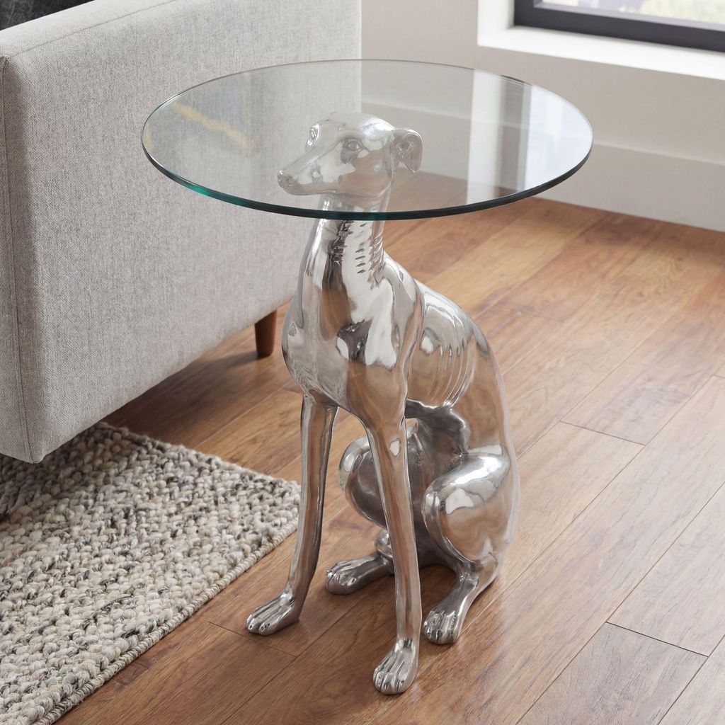FineBuy Design Beistelltisch Ø40cm Runder Couchtisch Hund 50 cm Hoch Aluminium Tierfigur Ausgefallener Wohnzimmertisch Silber Deko Tisch
