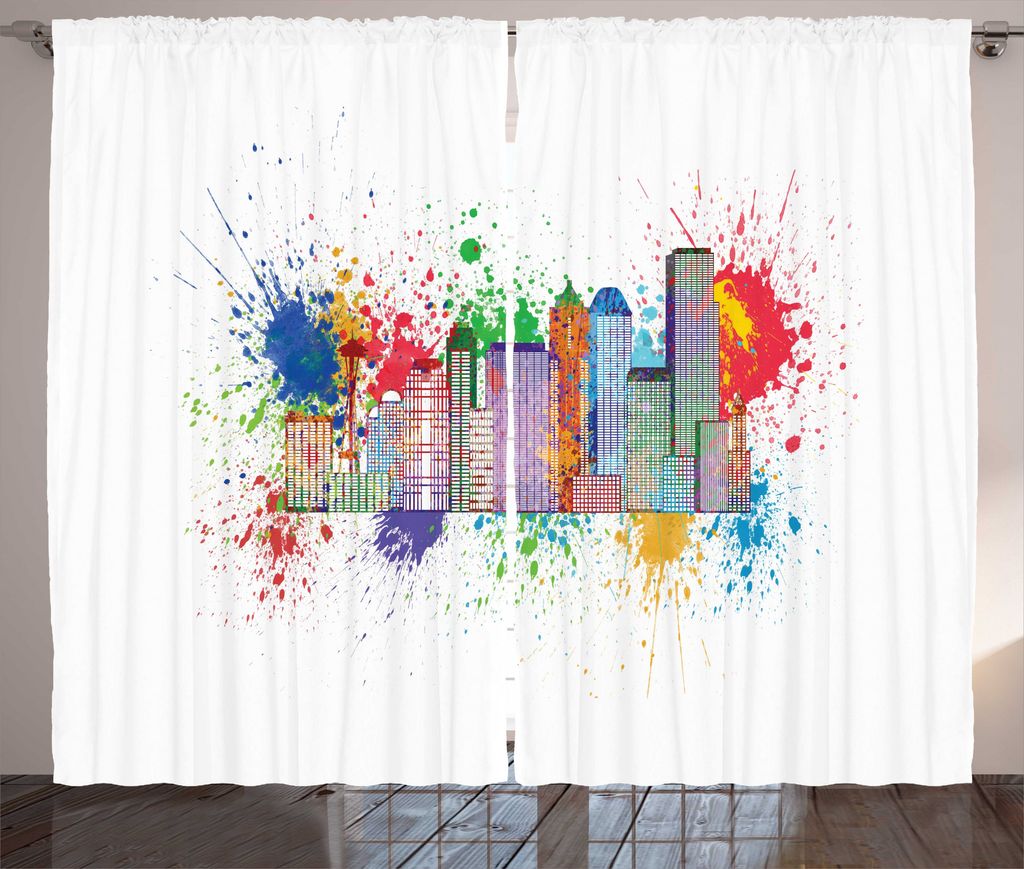 ABAKUHAUS Seattle Skyline Rustikaler Gardine, Bunte Kleckse, Wohnzimmer Universalband Gardinen mit Schlaufen und Haken, 280 x 225 cm, Mehrfarbig