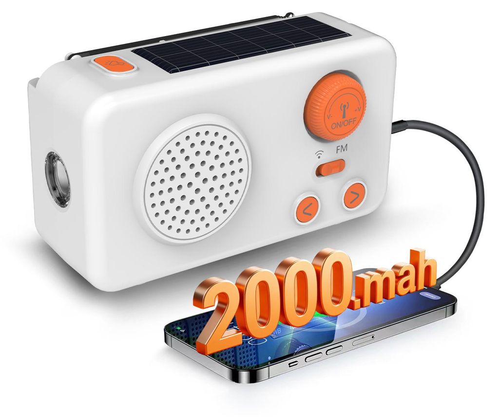 Solarbetriebenes Radio mit Handkurbelgenerator und LED-Taschenlampe, mit Notfall-Ladefunktion für Mobiltelefone.