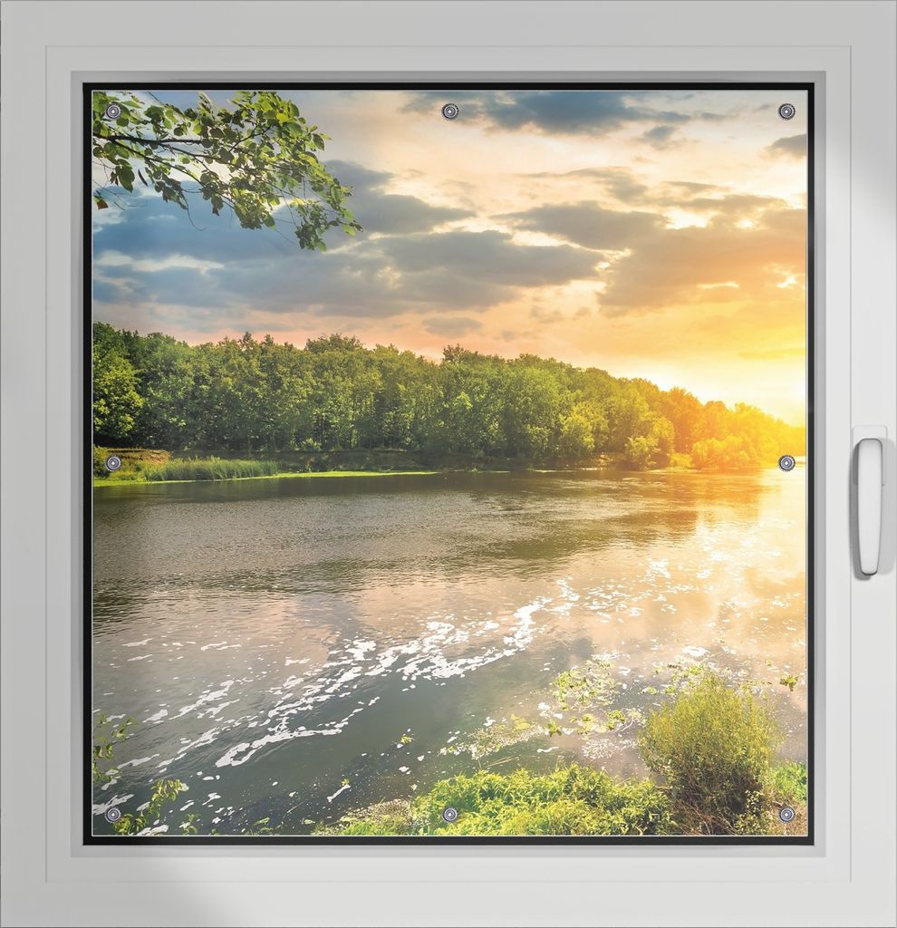 Wallario Lichtschutzbild, Dekorativer Sichtschutz Sonnenschutz 96 x 93 cm mit Motiv: Sonnenuntergang am Fluss in grüner Umgebung - Verdunklung ohn...