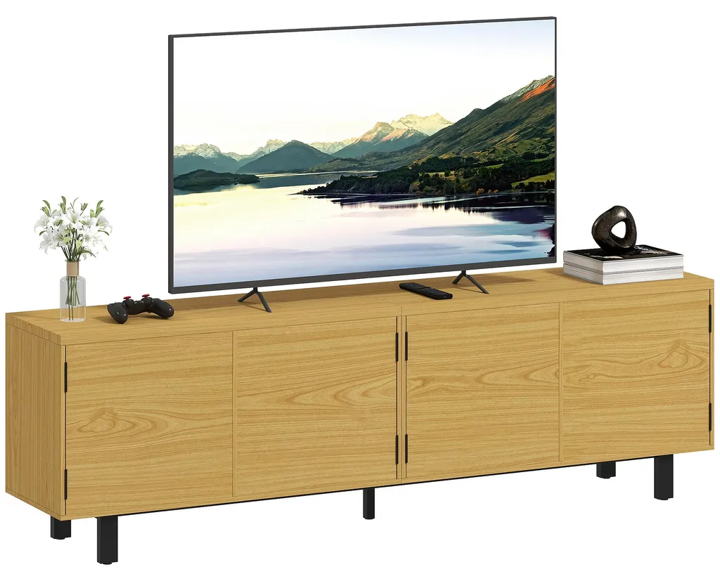 Meuble TV 180 cm bois naturel : rangez vos câbles et supports pour TV 82''
