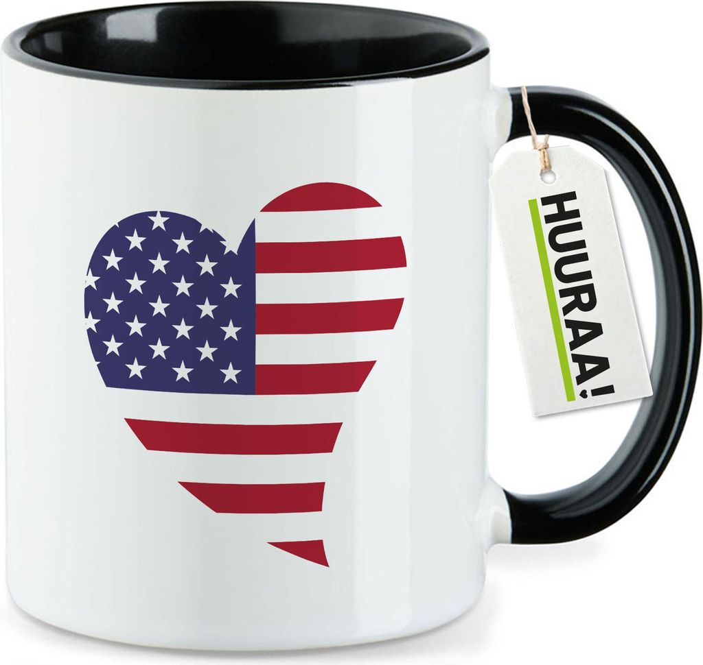 Huuraa Kaffeetasse USA Flagge Herz 330ml Schwarz Keramik Kaffeebecher Geschenkidee