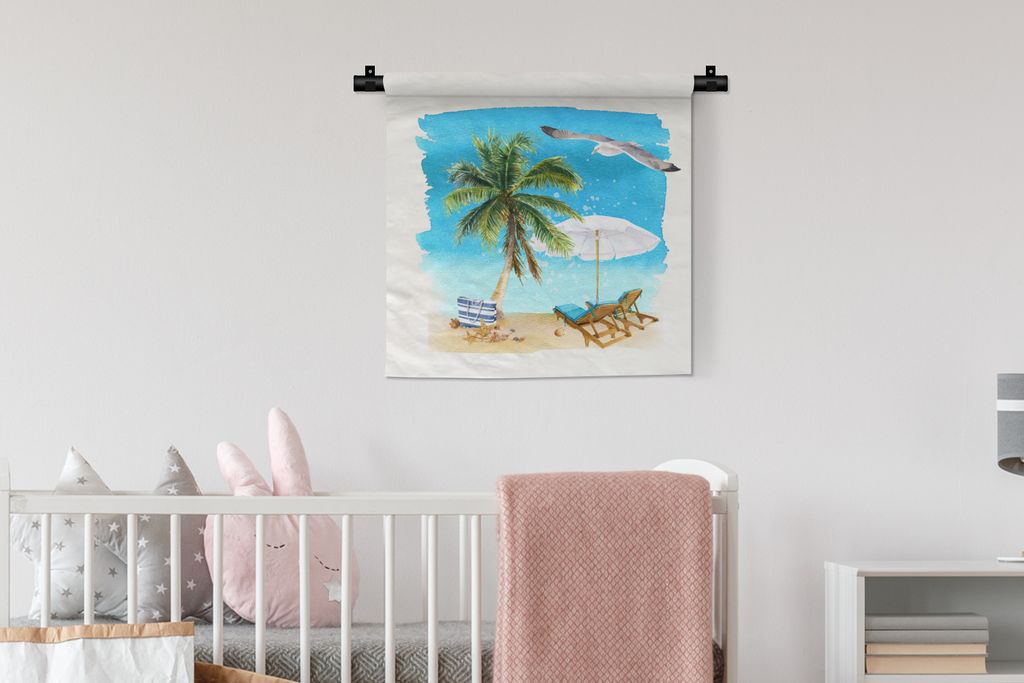 MuchoWow Wandteppich Wandbehang Strandkorb - Sonnenschirm - Palme 60x60 cm Tapisserie Dekoration Wandtuch - Dekorationen - Wand Decke