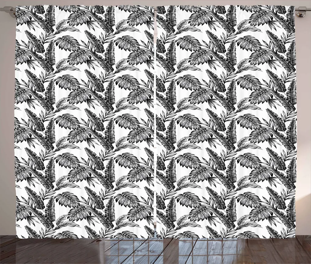 ABAKUHAUS Tenda rustica giungla, foglie tropicali, tenda universale per soggiorno con passanti e ganci, 280 x 225 cm, bianco nero grigio