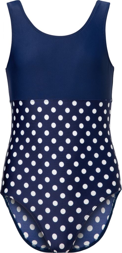 Teenager Mädchen Badeanzug einteilig UV Schutz 50 MS10-445 (Marineblau/Dots, 104)