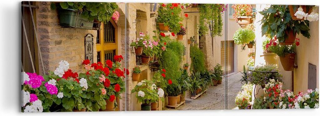Bild auf Leinwand - Leinwandbild - Blume Straße Haus - 120x40cm - Wand Bild - Wanddeko - Wandbilder - Leinwanddruck - Bilder - Kunstdruck - Wandde...
