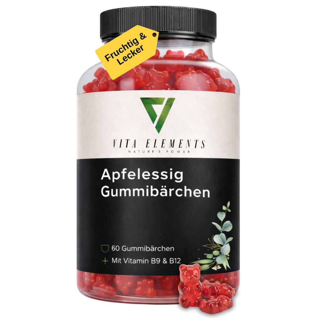 Vita Elements Apfelessig Gummibärchen mit Vitamin B9 & B12, fruchtiges Nahrungsergänzungsmittel.