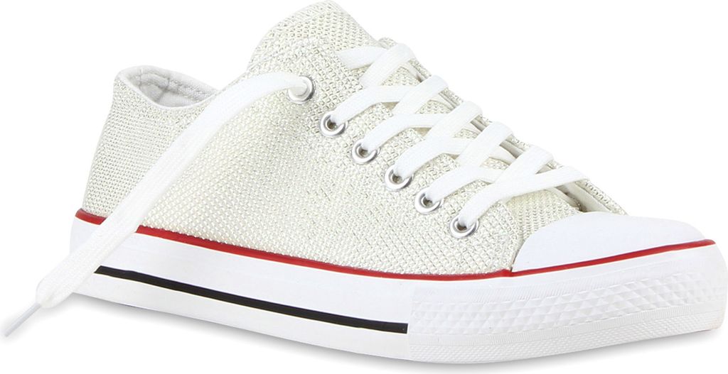 Mytrendshoe Modische Damen Sneakers Low Glitzer Turnschuhe Flats 811085, Farbe: Creme, Größe: 37