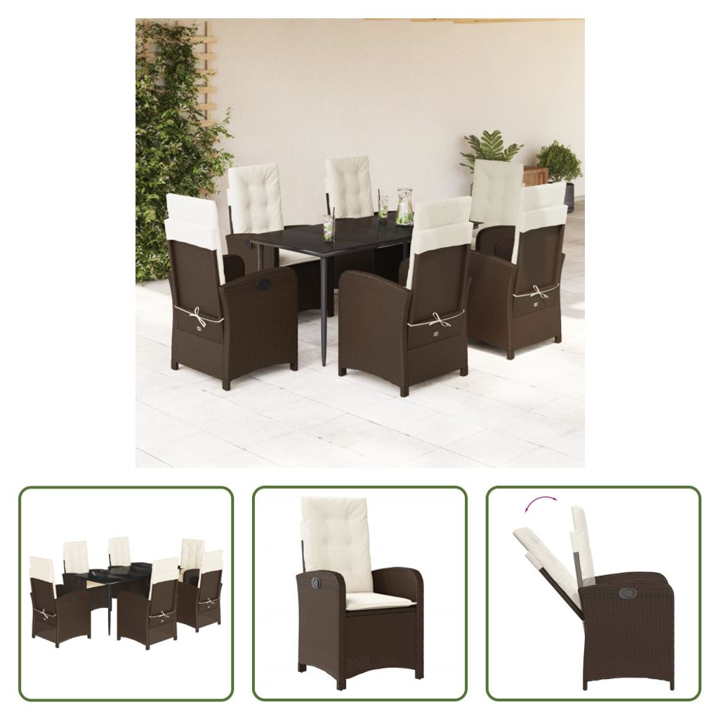 The Living Store 7-tlg. Garten-Essgruppe mit Kissen Braun Poly Rattan