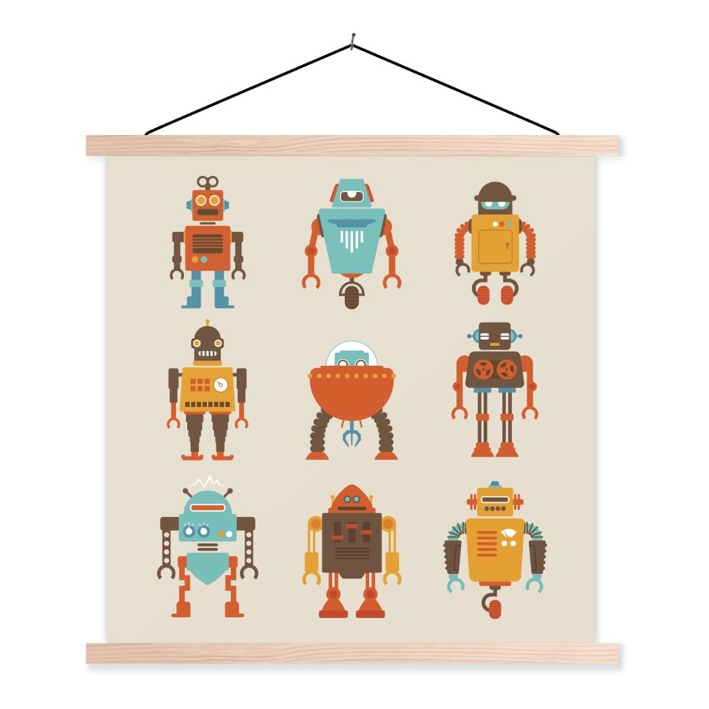 MuchoWow Textilposter Illustration - Kinder - Roboter 40x40 cm mit holzfarbenen Rahmen - Posterleiste