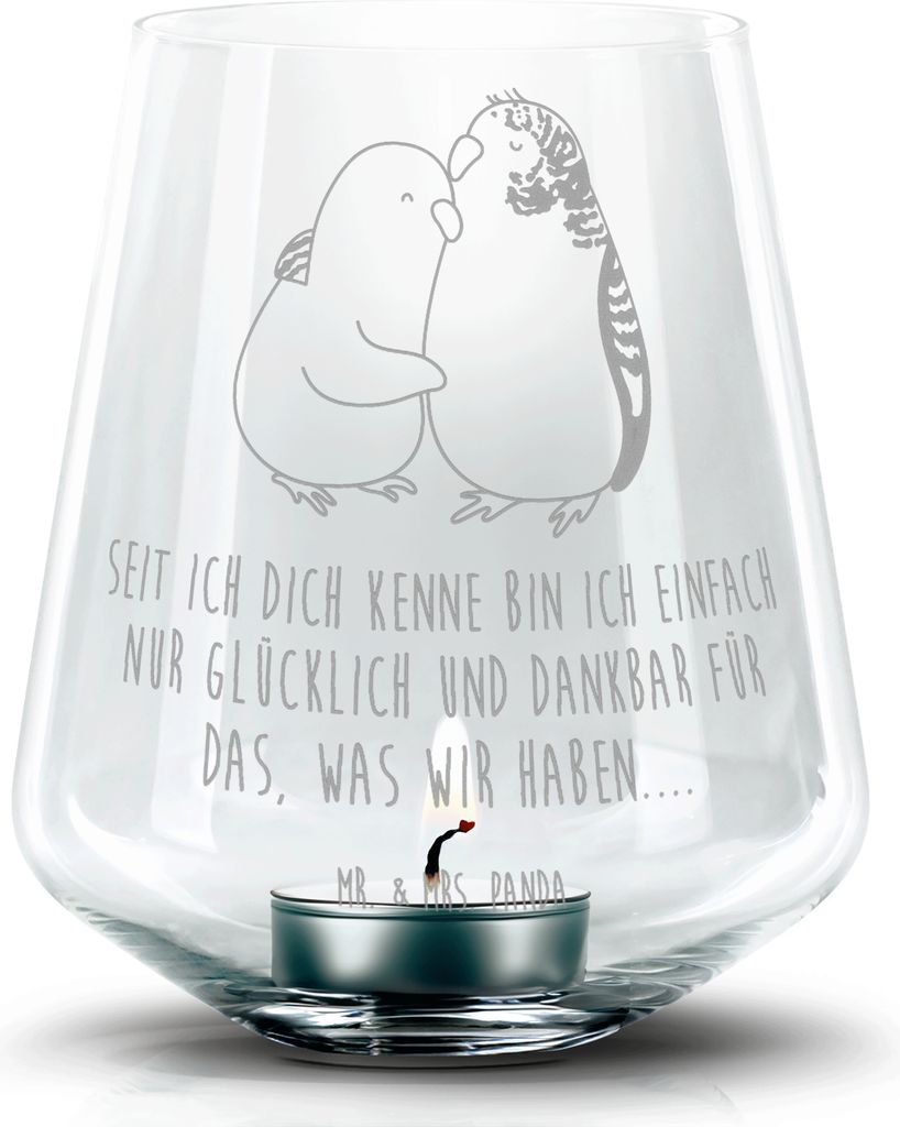 Mr. & Mrs. Panda Laterne Wellensittich Liebe - Transparent - Geschenk, Glas Teelichthalter, Umarmen, kerzenhalter, Verknallt, Freundin, Paar, Windl...
