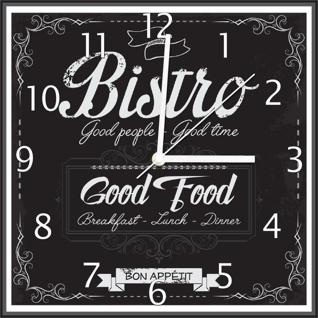 Wallario Design Wanduhr Bistro-Design in schwarz-weiß aus Echtglas, Größe 30 x 30 cm