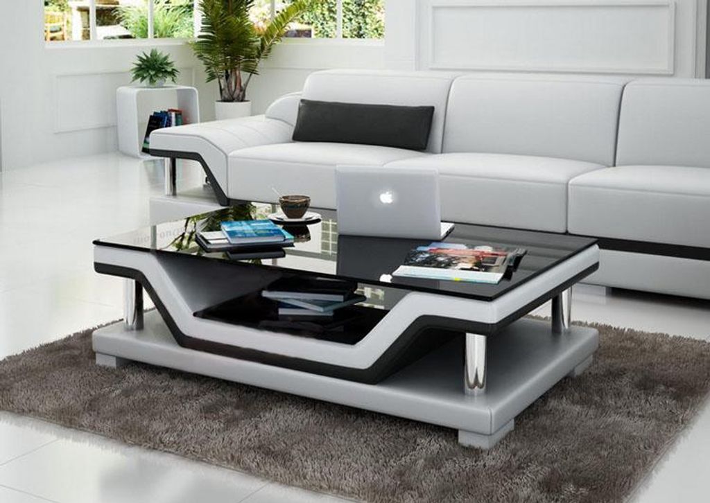 Designer Couchtisch Polster Tisch Leder Glas Moderner Image du produit 