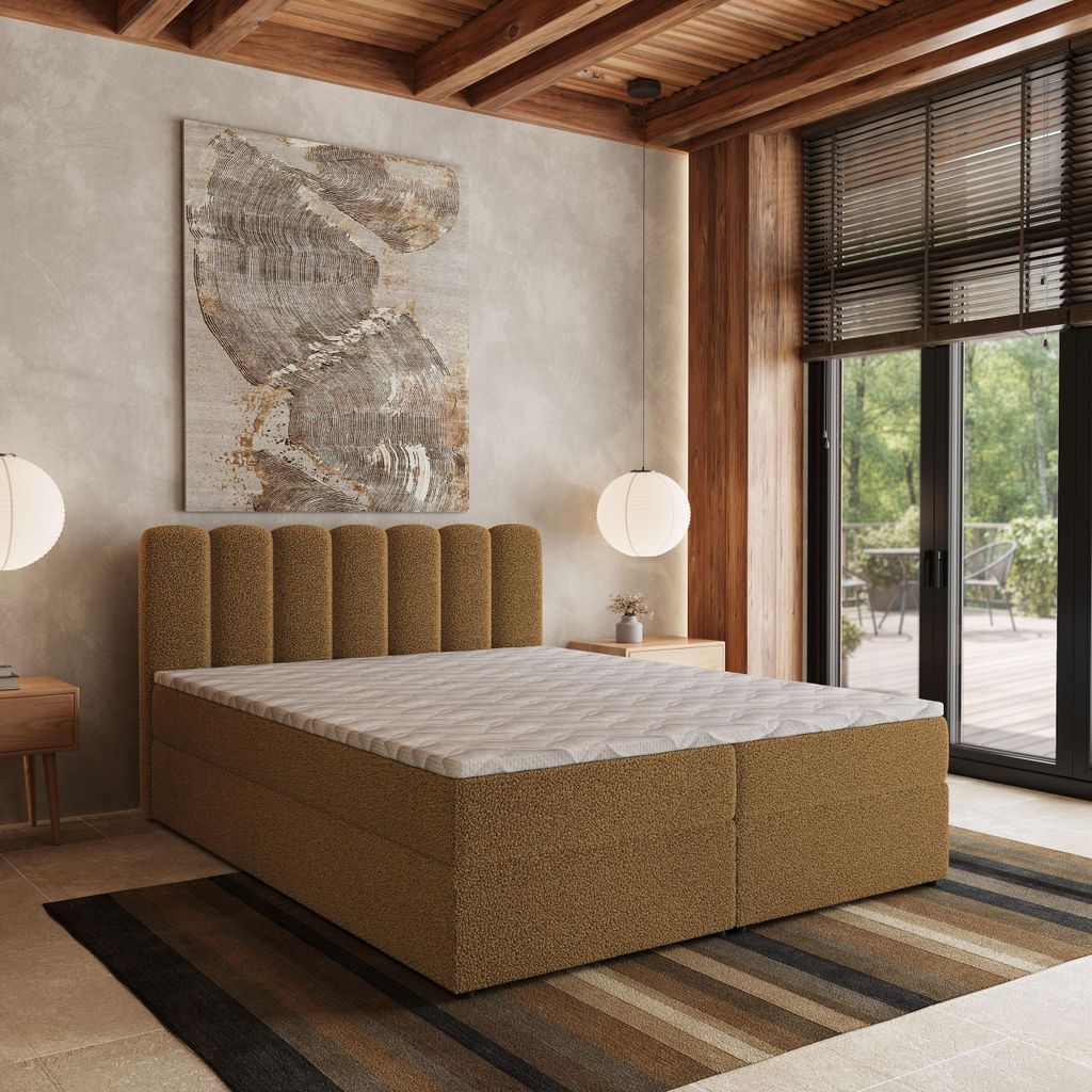 Masseno Boxspringbett SOLIA 180x200 cm Komplett-Set mit Bonell Matratze und Topper, Polsterbett mit Bettkästen -Orange, QUELLE 17