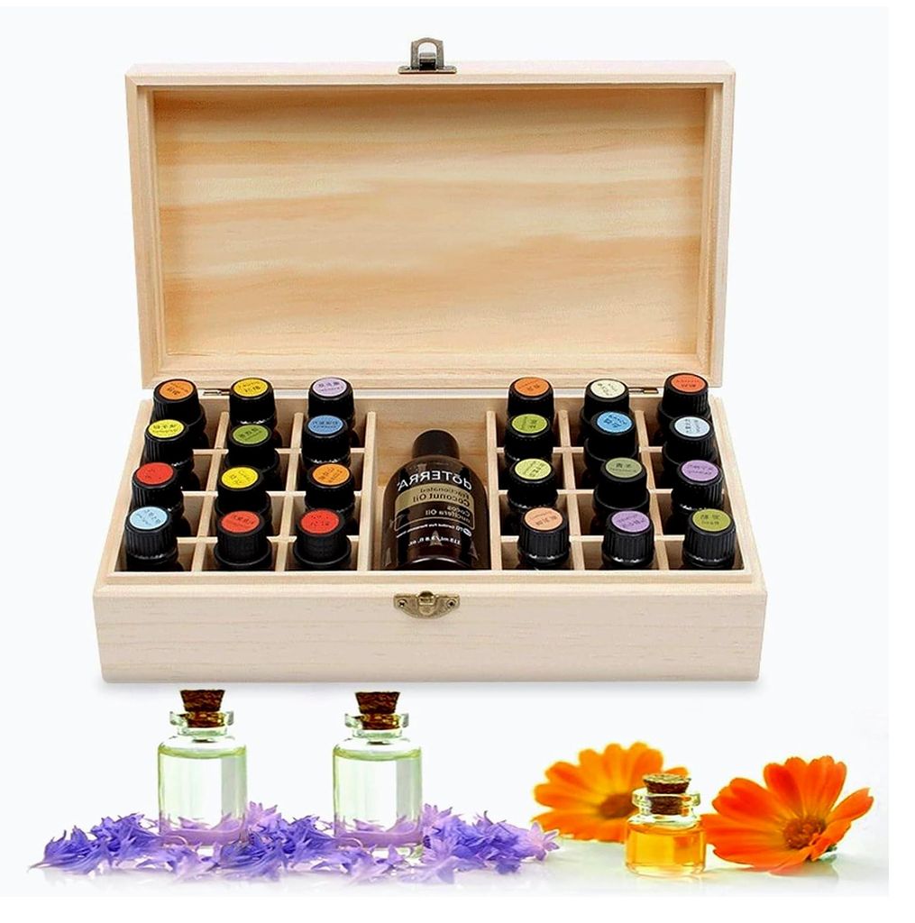 Aufbewahrungsbox aus Holz für 25 Flaschen ätherische Öle - Platz für 5, 10 und 15 ml Flaschen - Tragbare Holzbox für die Ausstellung und Lager...