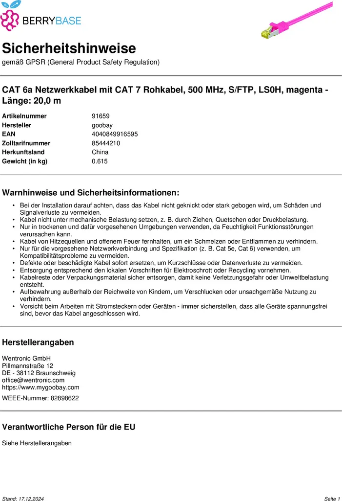 Cavo LAN 20m Goobay 91659 Magenta CAT 6A S/FTP - High Speed Network - 3