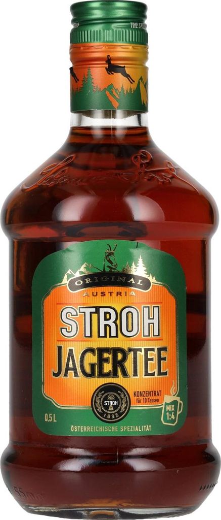A bottle of Stroh Jagertee liqueur.