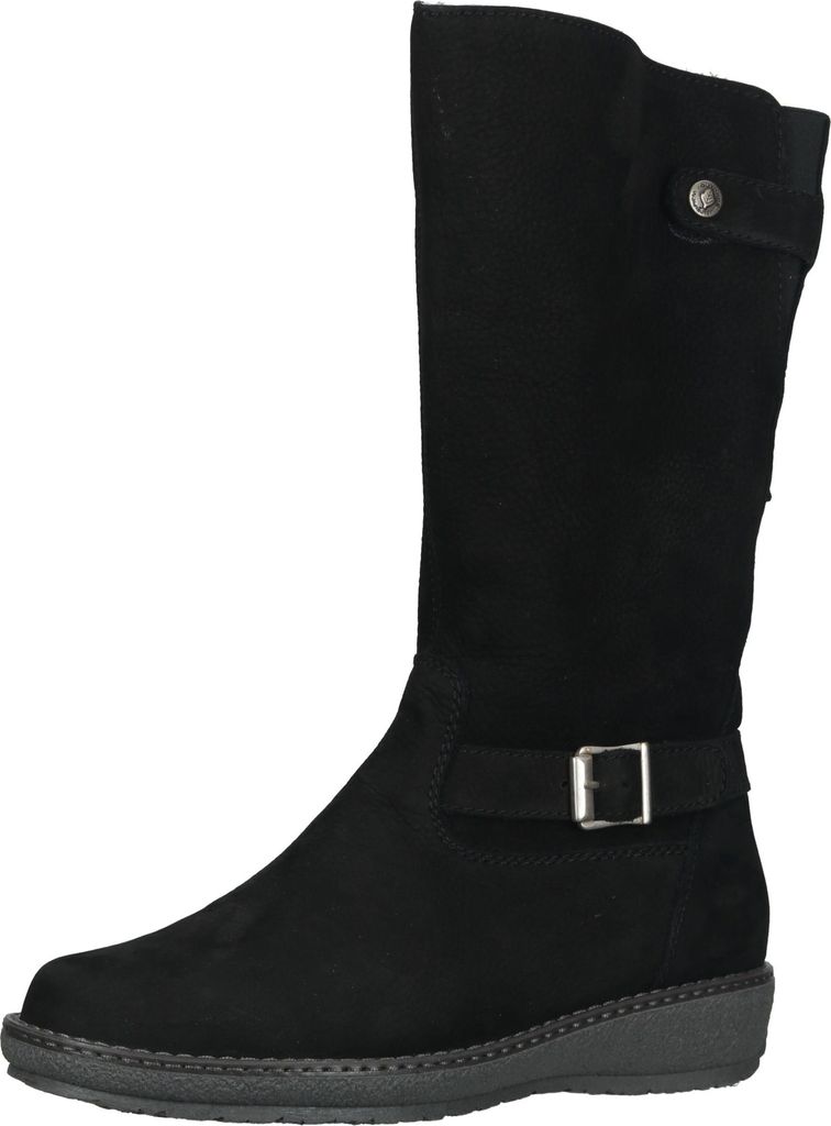 A black suede boot with a buckle detail.