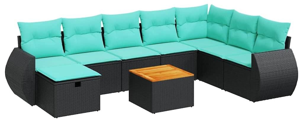 vidaXL 9-tlg. Garten-Sofagarnitur mit Kissen Schwarz Poly Rattan