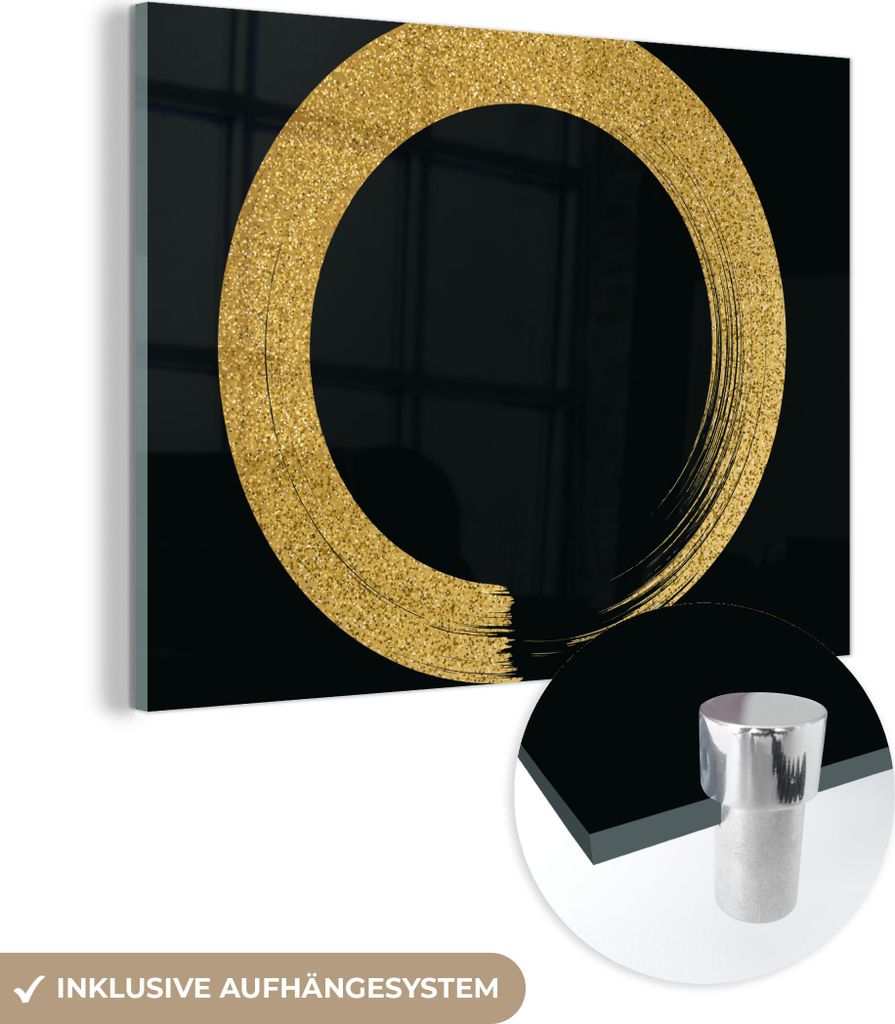 MuchoWow Glasbilder - Bilder auf Wandbild - Foto auf Glas Kreis aus goldenem Glitter auf schwarzem Hintergrund 80x60 cm Wanddekoration aus Glas - A...
