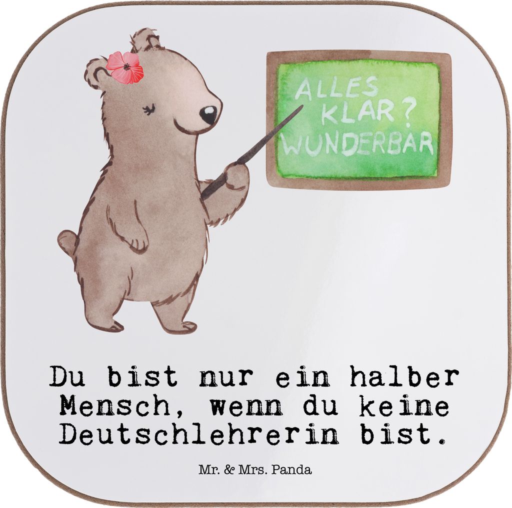 Mr. & Mrs. Panda Untersetzer für Gläser Deutschlehrerin Herz - Weiß - Geschenk, Deutschunterricht, Tischschoner, Spruch, Grundschule, Glas, Lust...