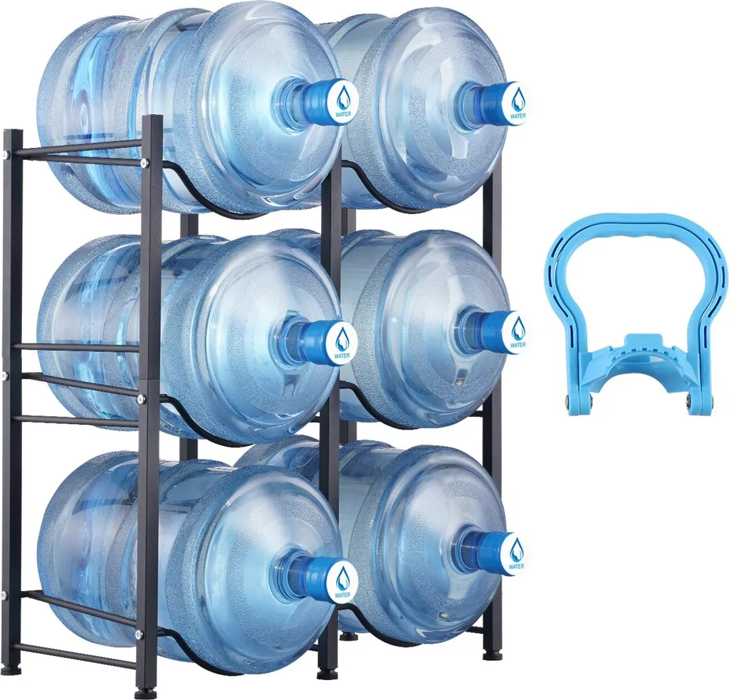 Rack Bouteilles d'Eau 3 Niveaux pour 6 Pichets Support Double Rangée Noir