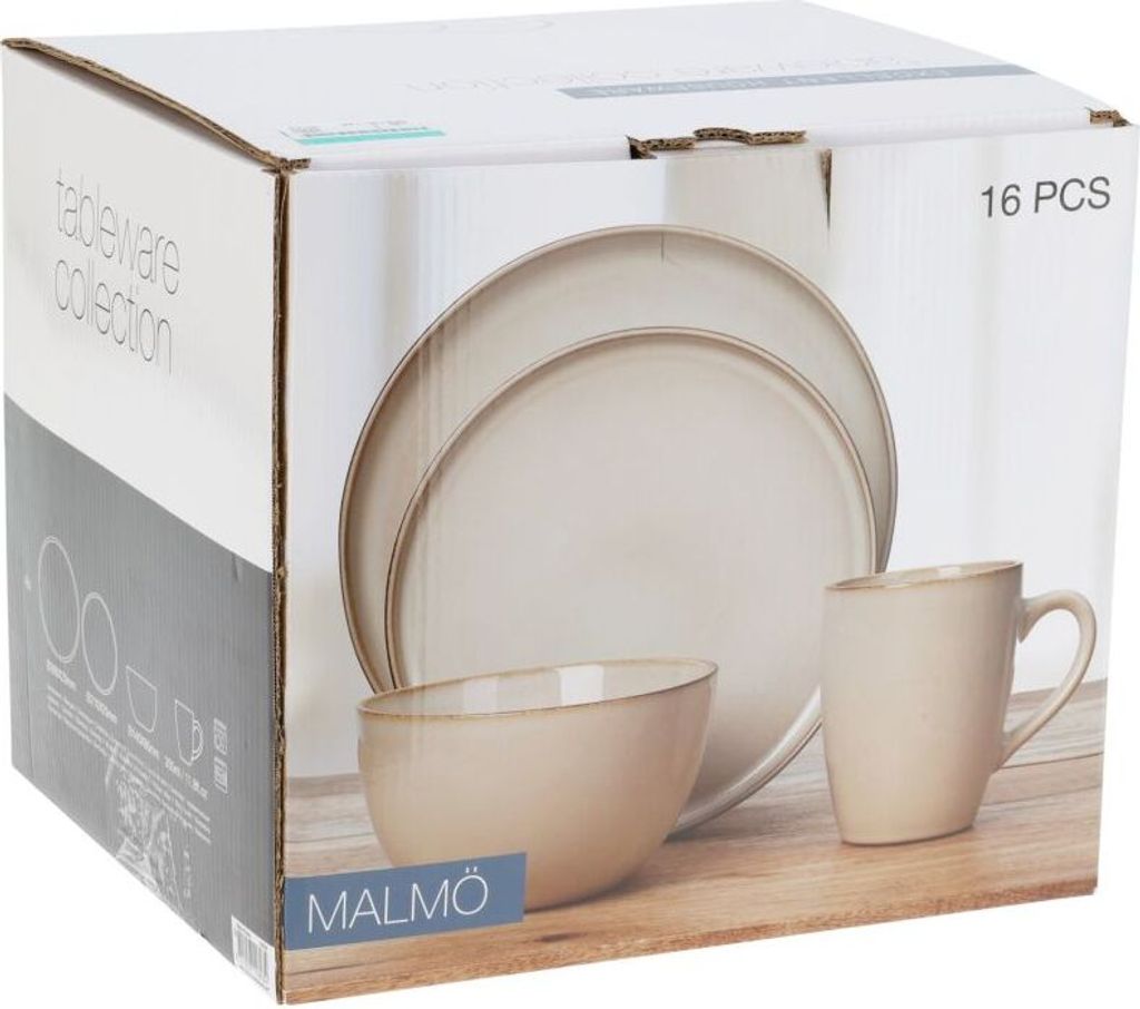 A cardboard box displaying a tableware collection.