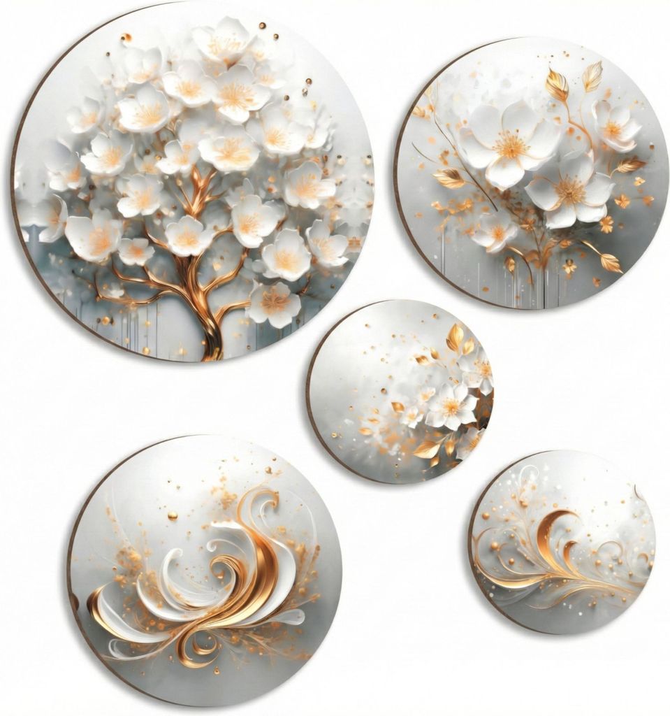 5x Runde Bilder für die Wand Beige Set für Wohnzimmer und Schlafzimmer