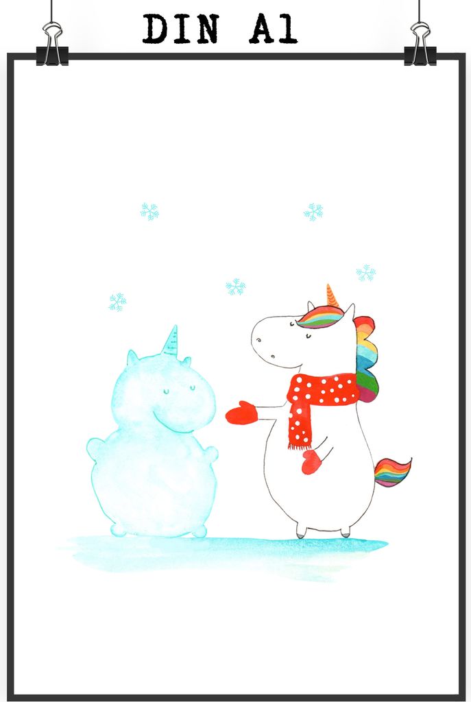 Mr. & Mrs. Panda Bild Einhorn Schneemann DIN A1 - Weiß - Geschenk, Winter, Wandbild, Posterdruck, Weihnachten, Unicorn, drucke, Kuchen, wanddeko, ...