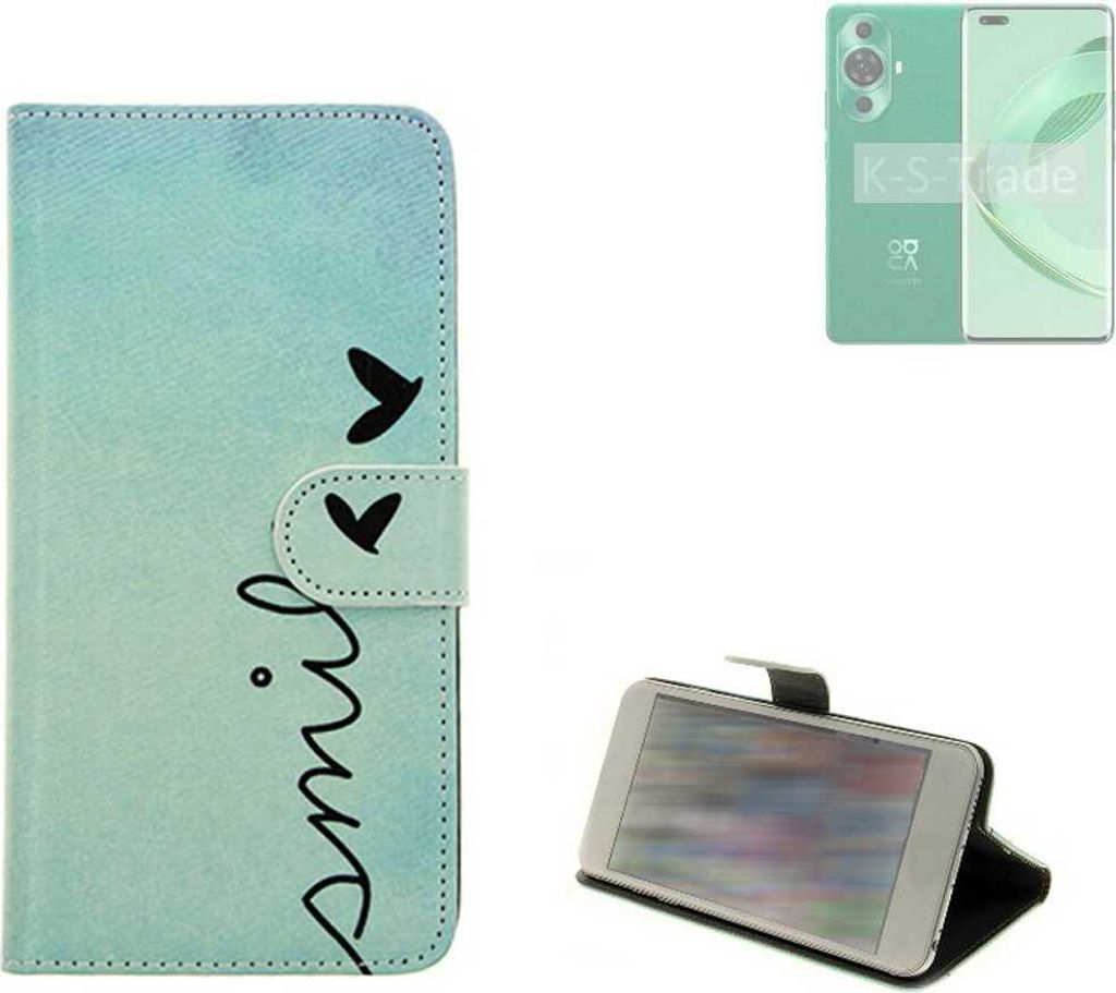 K-S-Trade Schutz Hülle Handy Hülle kompatibel mit Huawei nova 11 Ultra Hülle Handyhülle cover bookstyle Etui Handyhülle “smile“ türkis