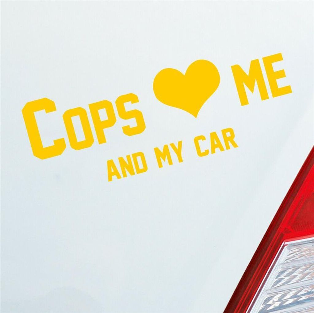 Auto Aufkleber Cops love me Tuning Polizei 10x36 cm Gelb Sticker Heckscheibenaufkleber