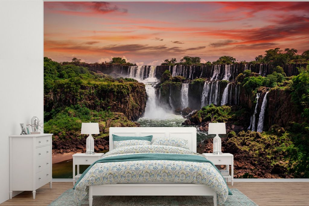 MuchoWow Fototapete für Wohnzimmer oder Schlafzimmer Wandtapete Vinyl Motivtapete Wasserfälle mit Bäumen - Sonnenuntergang - Orange - 420x280 ...