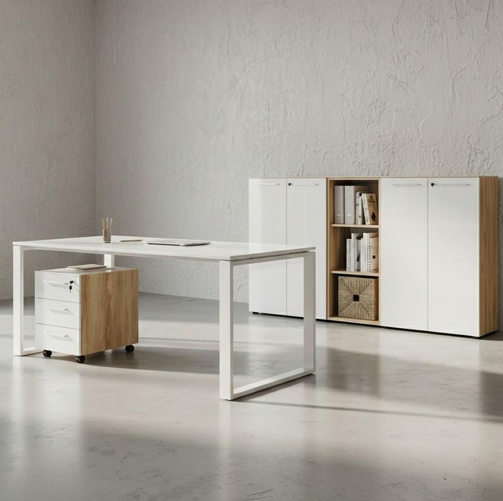 Büromöbel Set 5-teilig Komplettbüro | Schreibtisch, Container, 2 Schränke, Regal | Glasfront, Soft-Close, Abschließbar | Germany | Chalet-Eic...