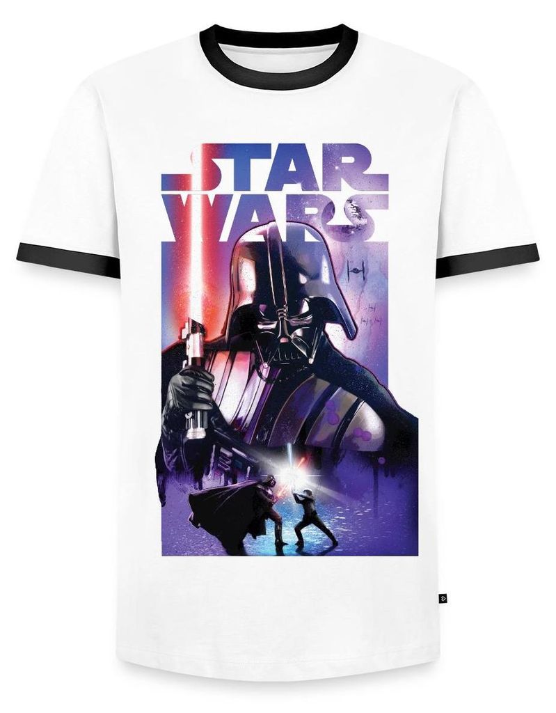 Star Wars Darth Vader Mit Rotem Lichtschwert Männer Kontrast T-Shirt, XL, Weiß/Schwarz