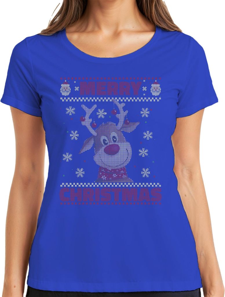 Merry Christmas Ugly Sweater Rentier Weihnachtsgeschenk Damen T-Shirt, Blau, L