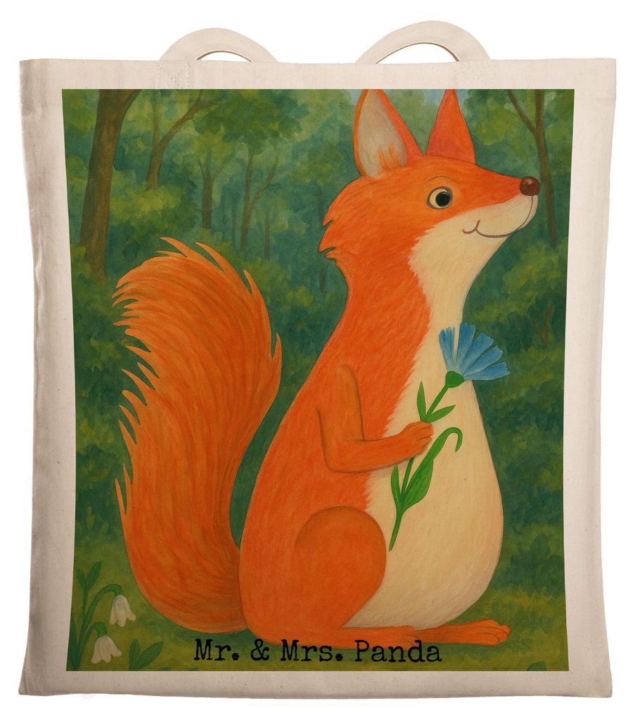 Mr. & Mrs. Panda Shopping Tasche Eichhörnchen Blume Design - Weiß - Geschenk, Tote Bag, Laptoptasche, Spruch Positiv, Lustige Sprüche, Jutebeute...