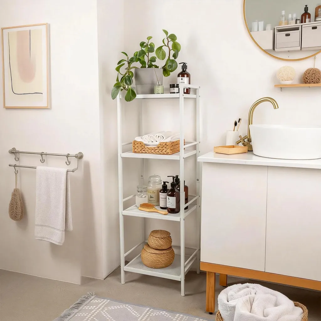 Étagère d'angle de rangement blanche à 4 niveaux en acier robuste