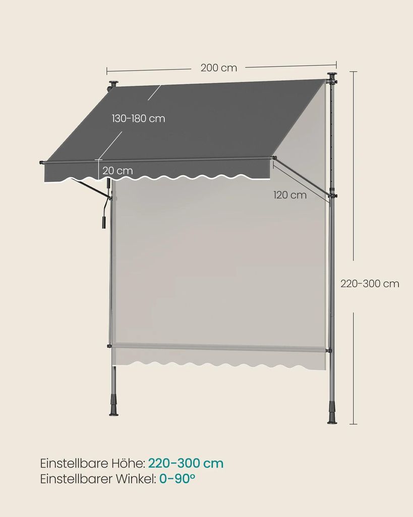 Balkonmarkise - Klemmmarkise - Höhenverstellbar - Handkurbel - Sonnenschutz 200 x 120 cm - PolyBaumwolle Stoff - Grau