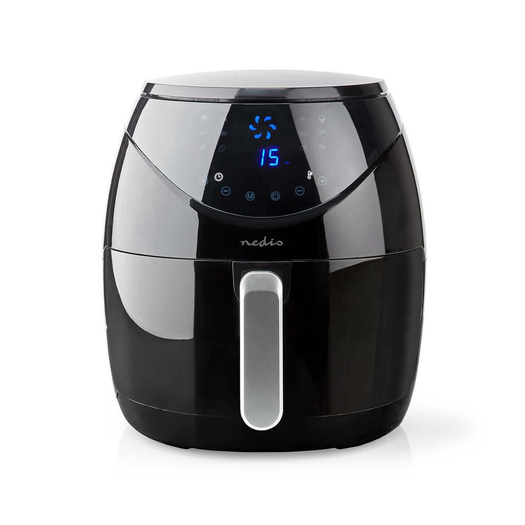 A black air fryer is shown against a white background.