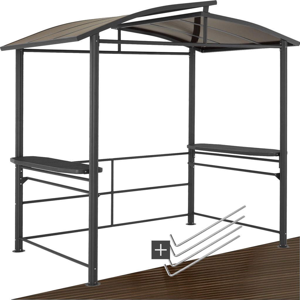A dark gray grill pavilion with a curved, translucent brown roof, featuring two built-in shelves and a metal frame. Several L-shaped metal stakes are shown in the foreground, along with a plus symbol icon.