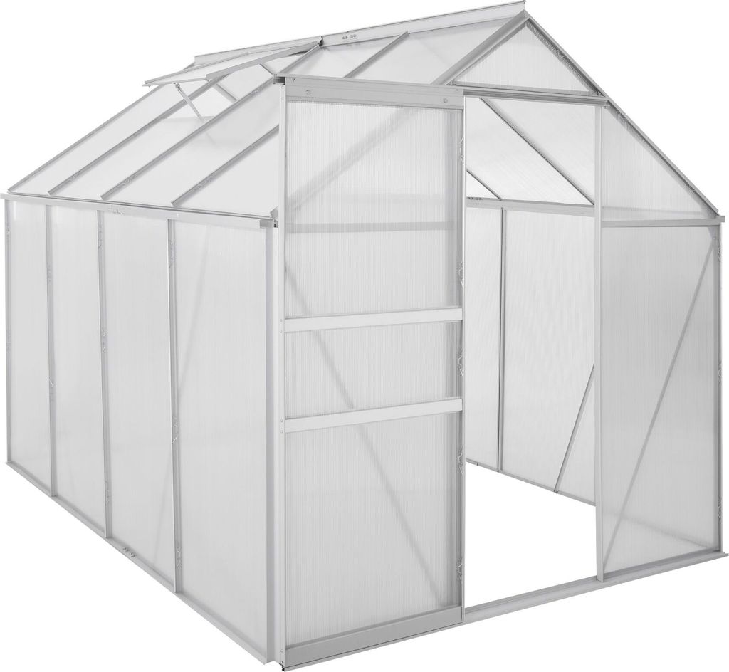 A white greenhouse with an open door, shown from a slightly elevated, diagonal angle.
