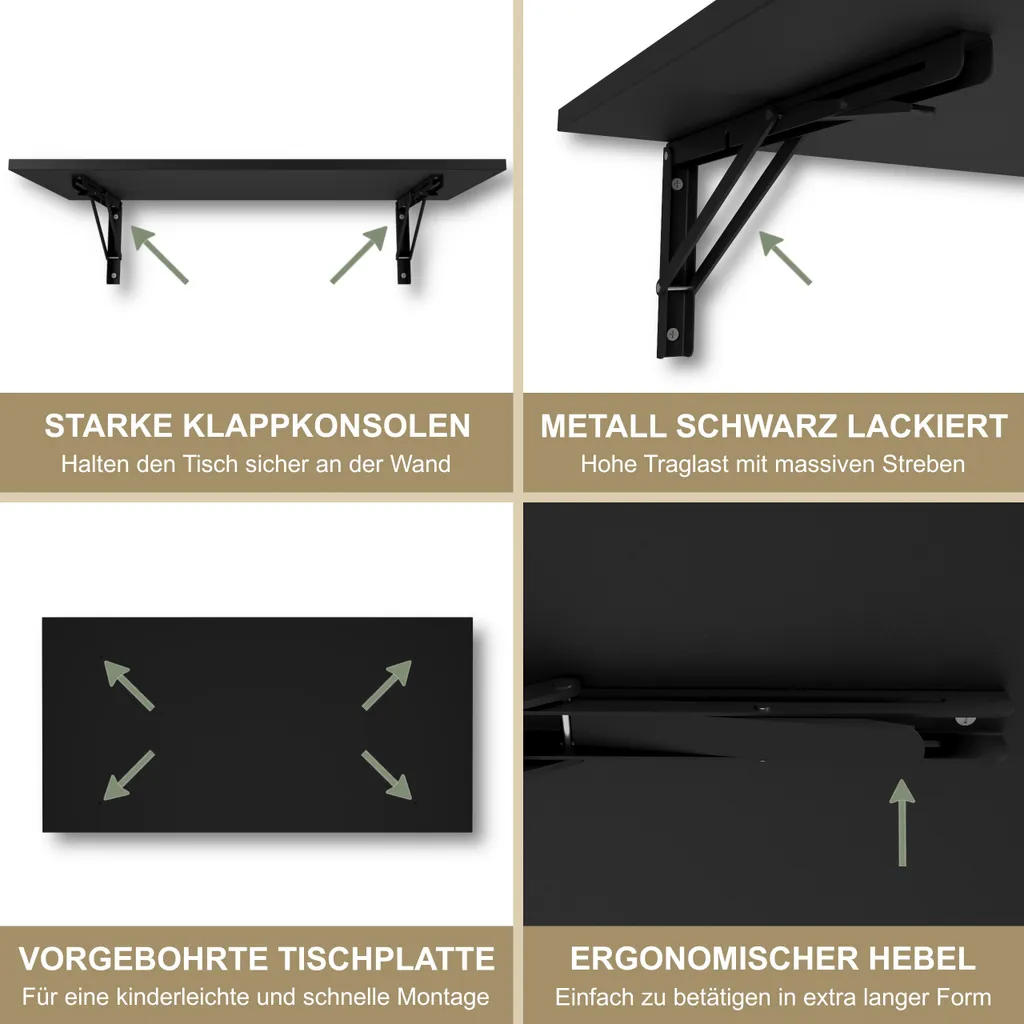 Table de bar murale stable et pliante Noire - Plateau de table 80 cm