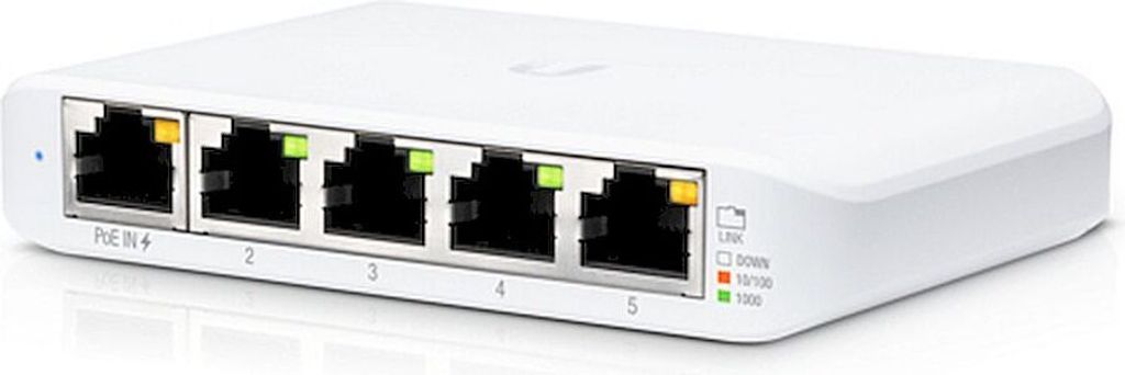 A white Ubiquiti UniFi Switch USW-Flex-Mini is shown from a slightly elevated, diagonal angle.