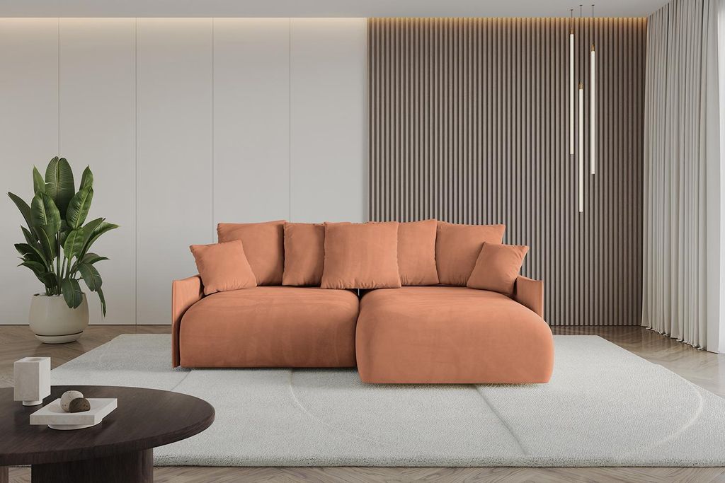 ALTDECOR Ecksofa mit Schlaffunktion und Bettkasten ONESK-L 216x177x72 cm Apricot - Corner Sofa Eckcouch Couch L-Form angeordnet Schlafcouch Auszieh...