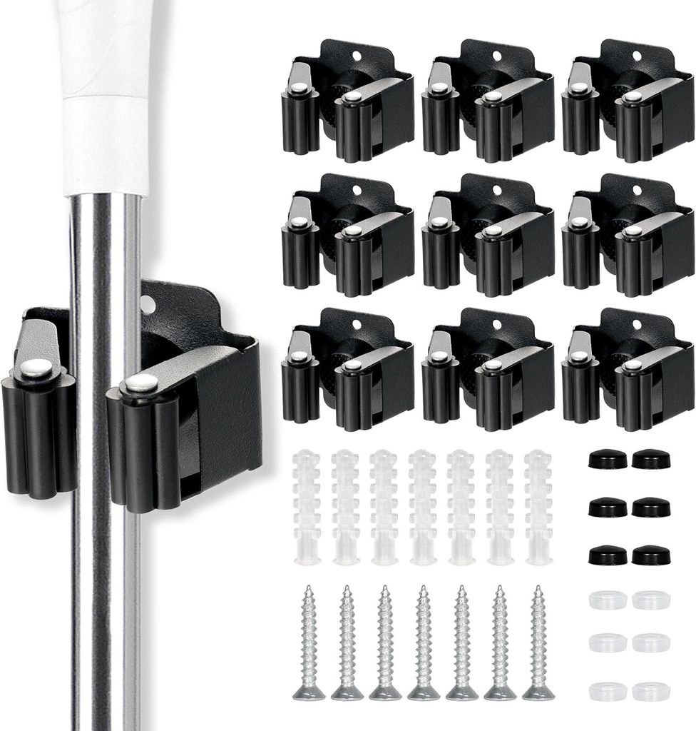 12-teiliger Wandbesenhalter, Schwarz, Wandbesenhalter, Wandbesenregal, Wandbesenhalter ohne Bohren, Aufbewahrungsorganizer, Mopphalter für Bad, Ga...