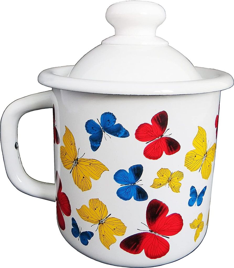 Schmetterlinge Emaille Tasse Becher mit Deckel 1 Liter ca 12cm Durchmesser / Retro Nostalgie Geschirr